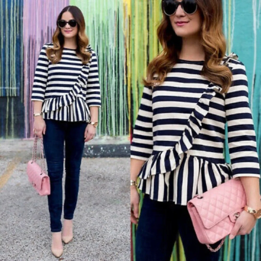 JCrew Asymmetrical Striped Ruffle Top Navy Muslin S